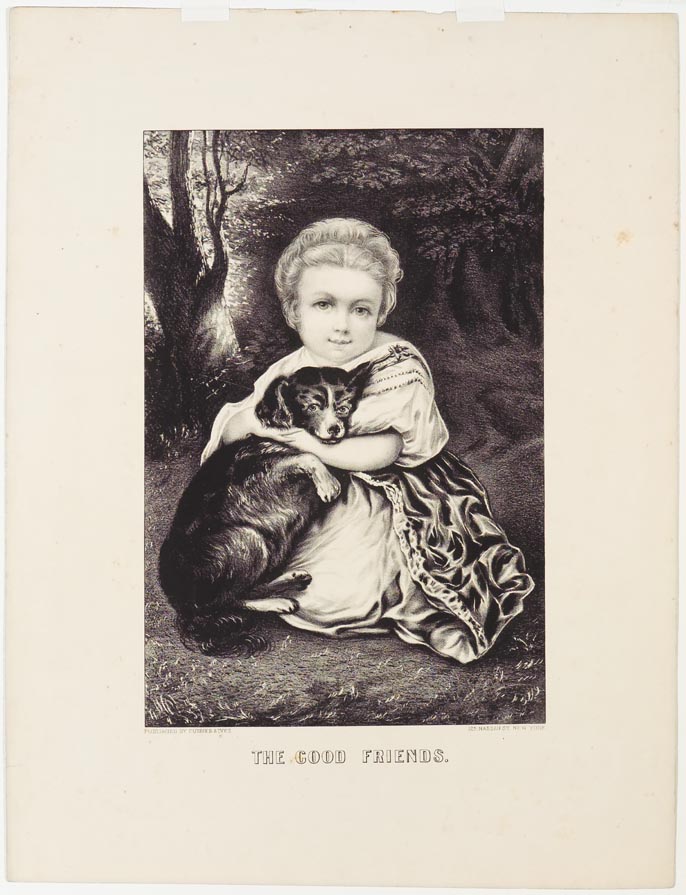 Girl at center facing viewer holding in her arms her dog who is sitting up against her left side in image