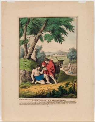 Man In Red Cloak Aside Donkey Aiding Another Man Resting Against Hillside Wearing Only His Raiment (a Waist To Knee Covering)