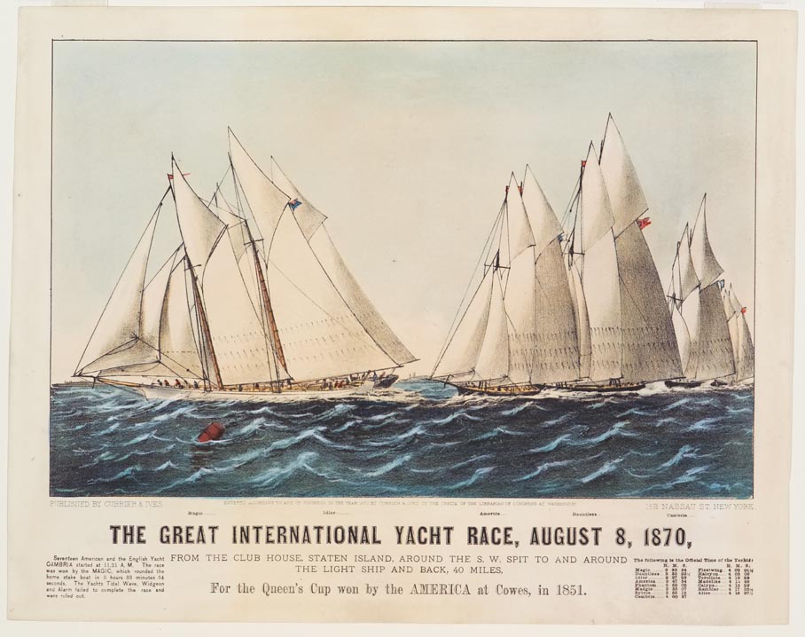 Three ships sailing to left at forefront