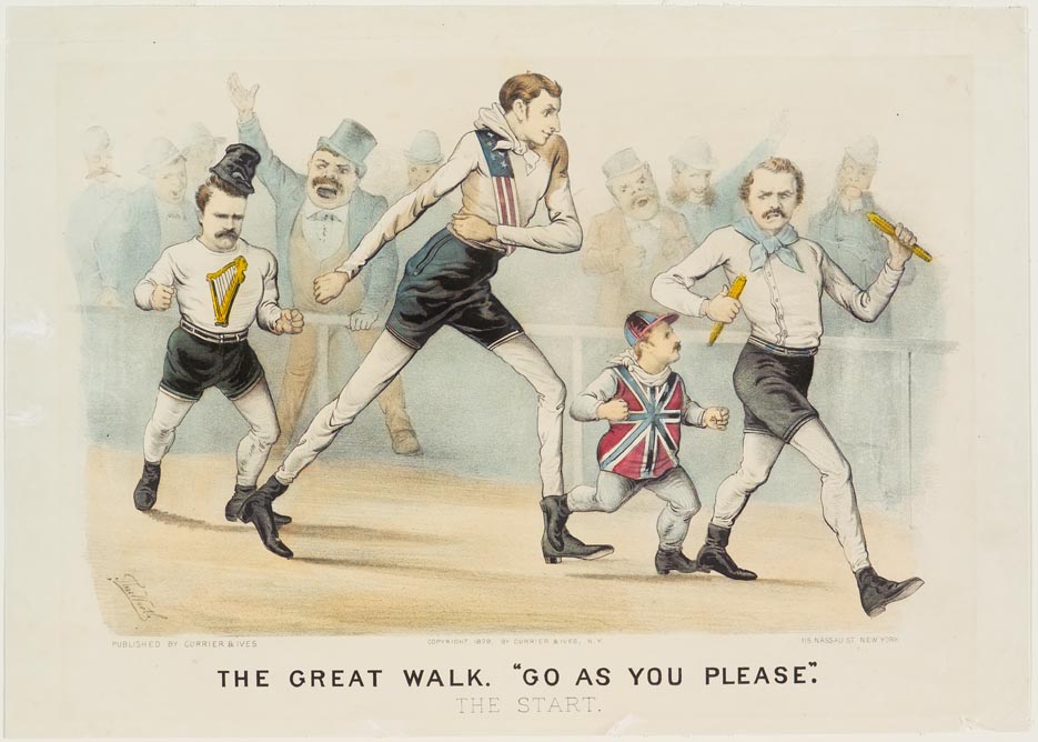 Three men with a fourth as referee walking in a race to right in image