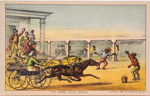 Yard scene of two men in two carriages with horses racing one another