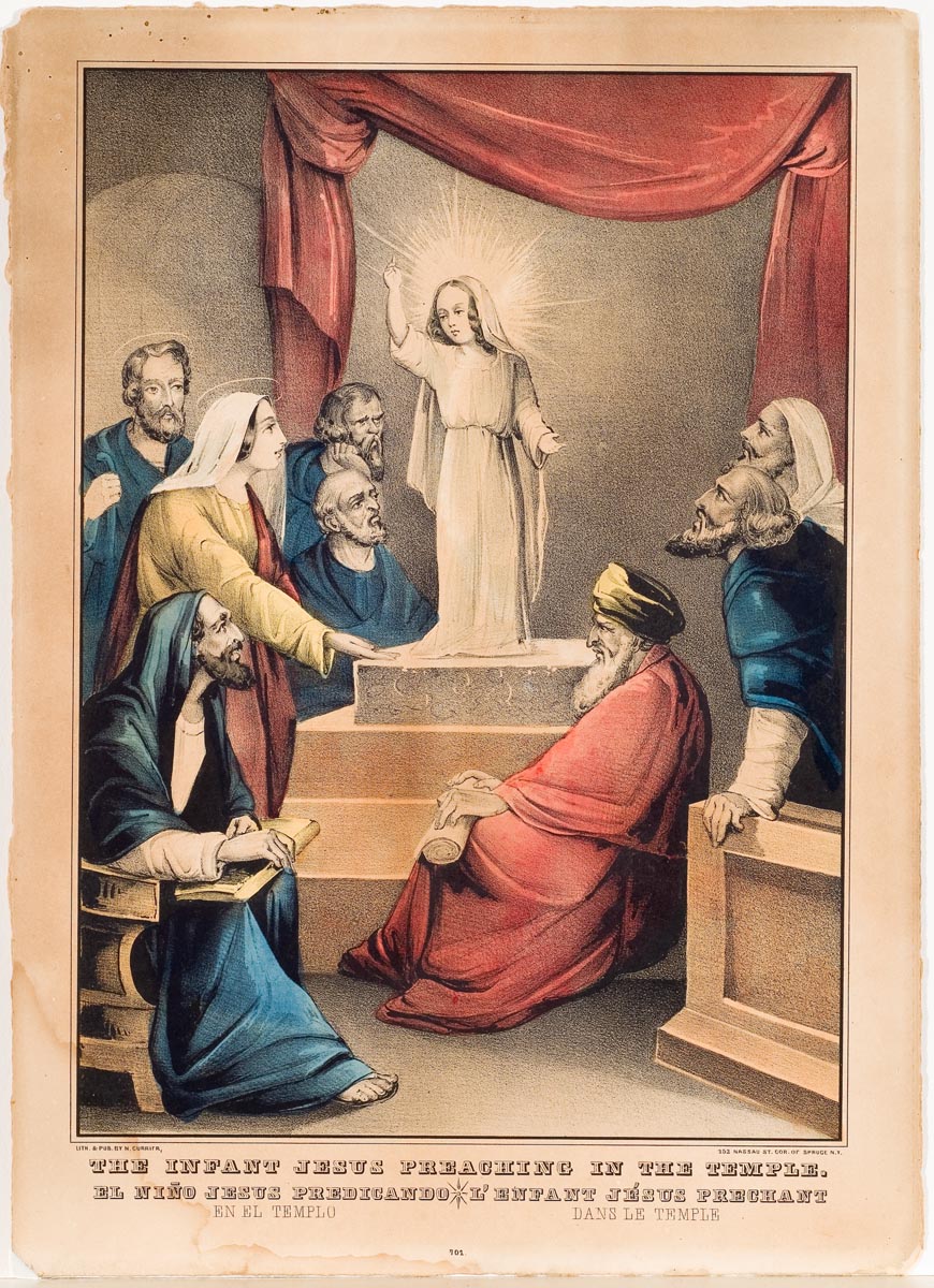 Christ as an infant standing on pedestal at center surrounded by seven men standing and seated