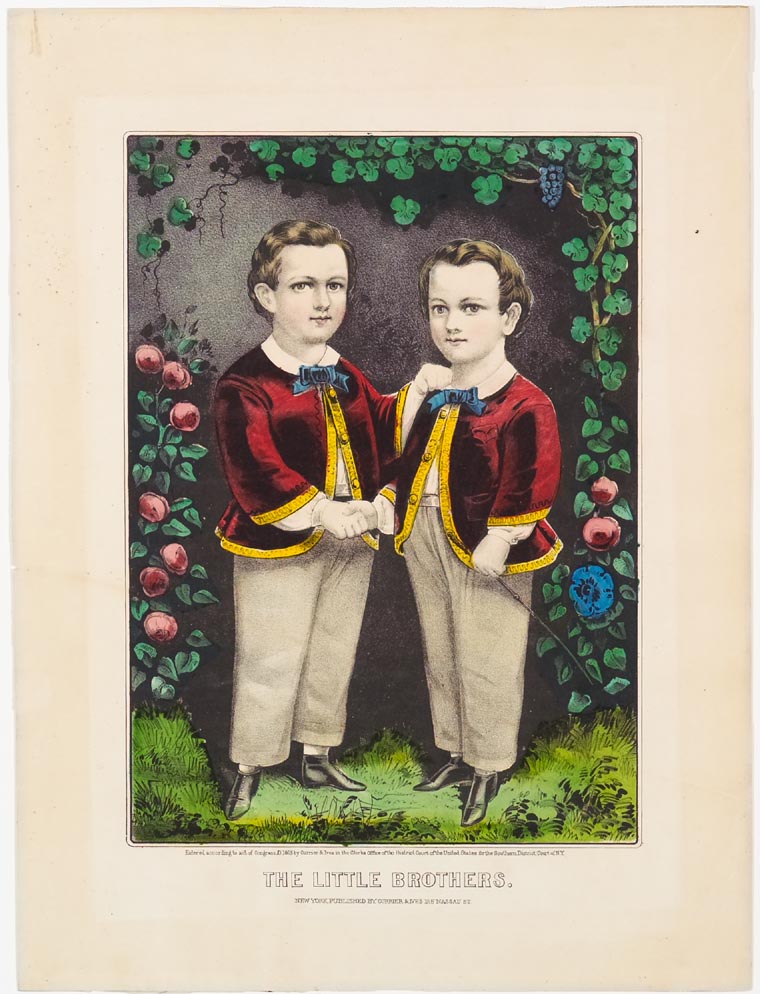 Twin young boys at center wearing red jackets trimmed in gold