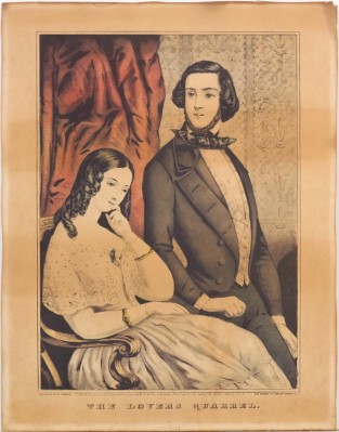 Woman at left seated downcast eyes