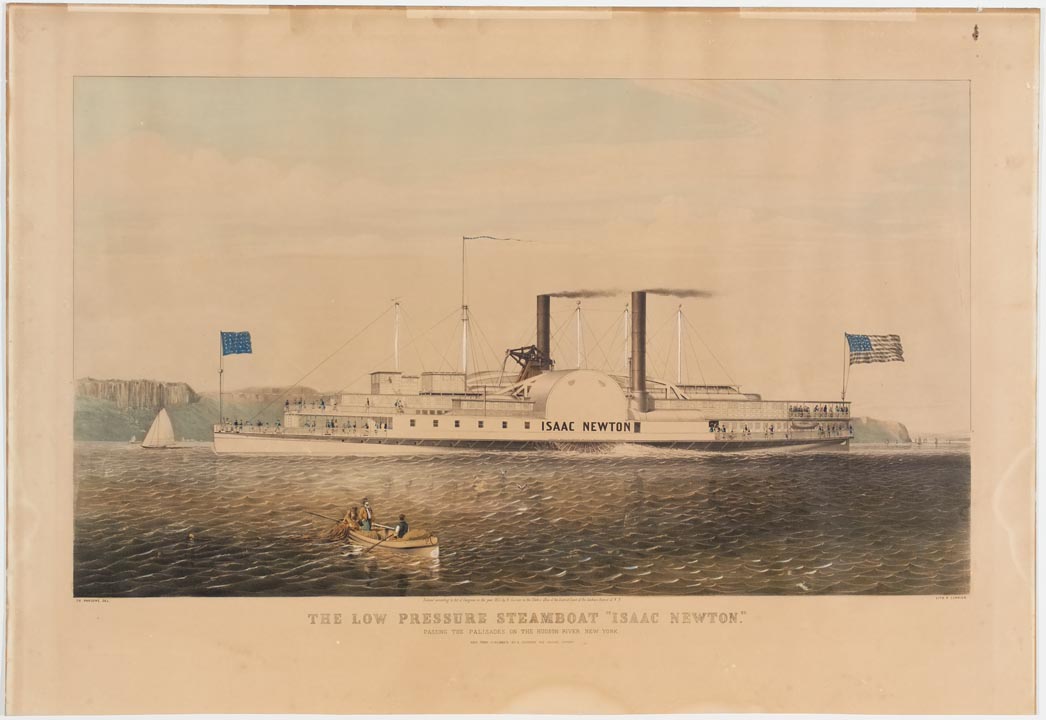 Steamboat sailing to left in image