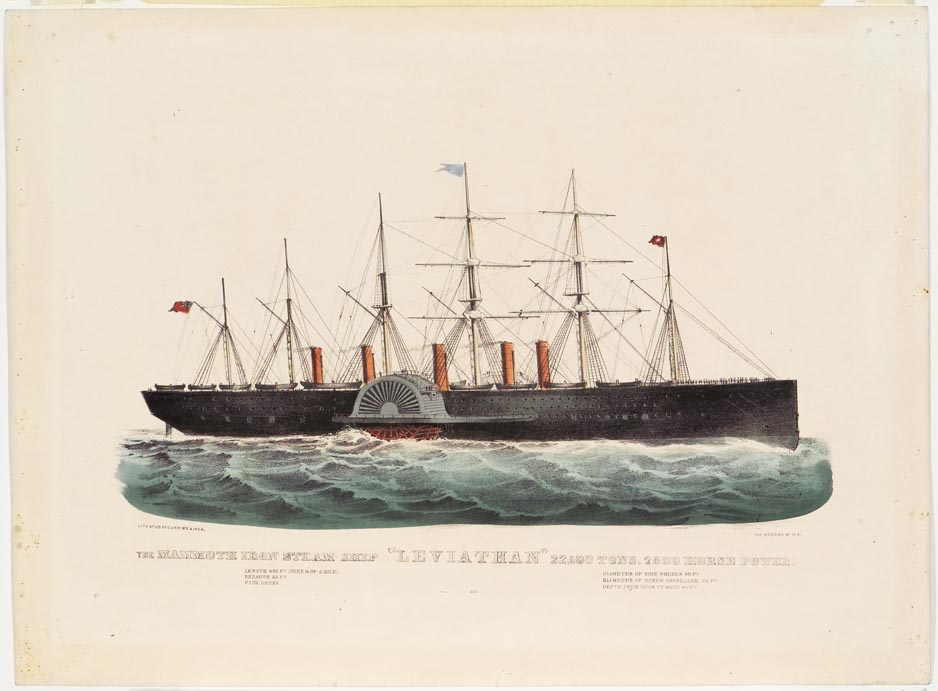 Ship on ocean- flying blue flag at center