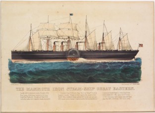 Steam ship sailing to left in image