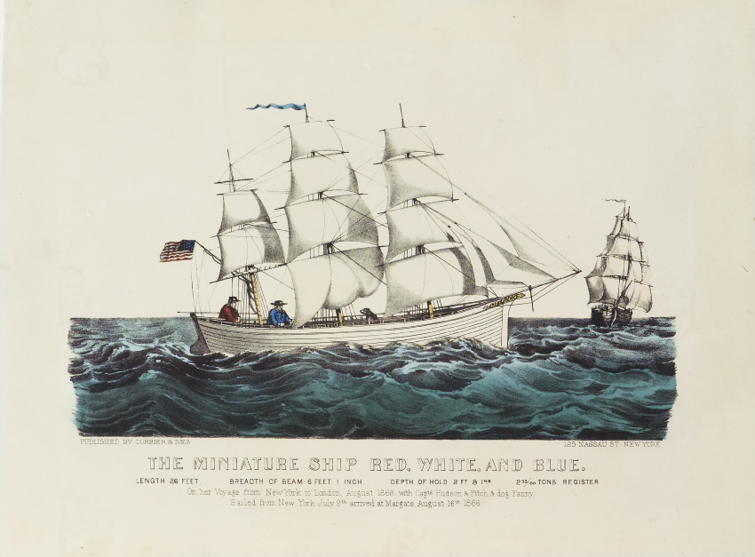 Ship headed to right in image; another headed toward viewer at right background