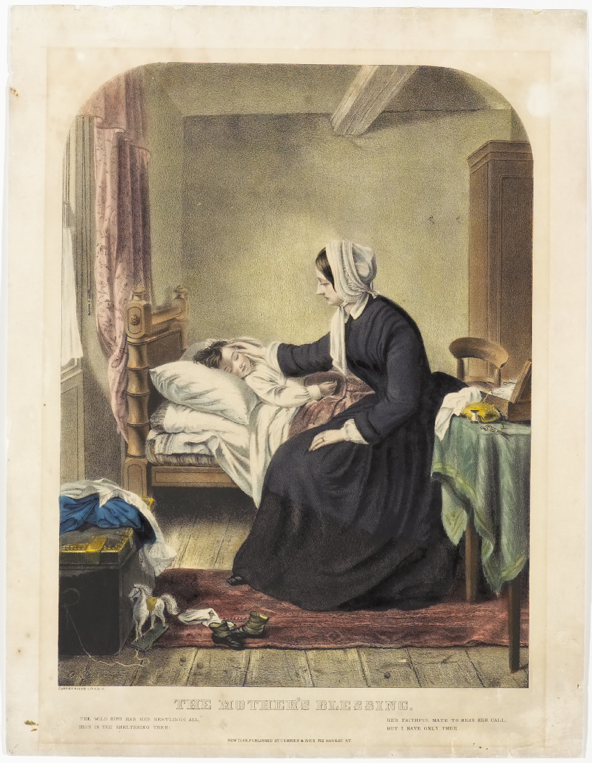 Woman seated on bed nursing child lying asleep