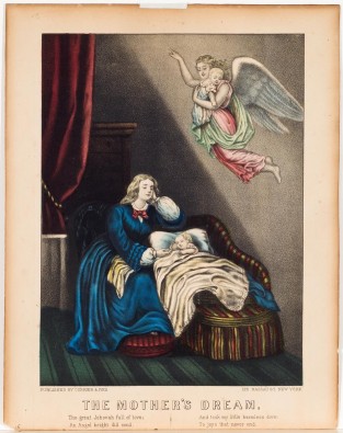 Woman in blue dress seated next to chaise where there is a sleeping child