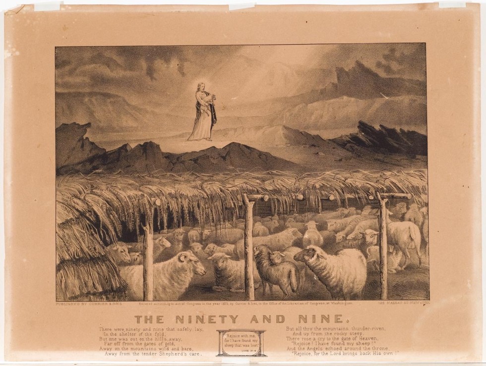 Christ at center in background holding a sheep