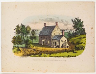 Stone house in center with 1699 on west gable end; river and village in background