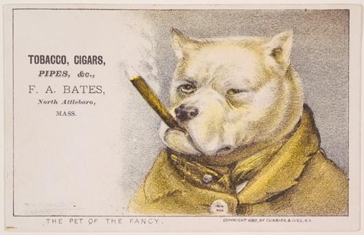 Dog dressed in coat smoking cigar at right