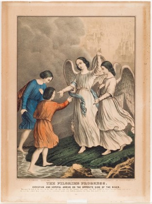 Two Angels Walk From Right Of Image Down Toward Two Young Men Crossing Over A River