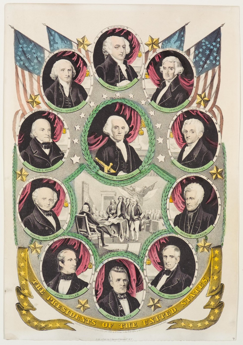 Ten Presidents of the United States in ovals around oval of George Washington in upper center