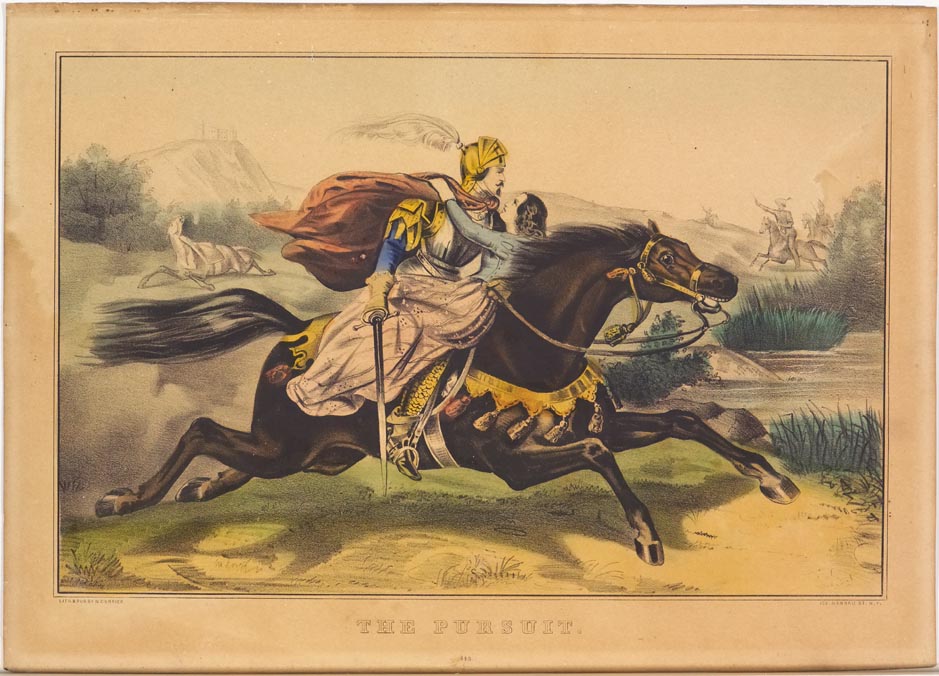 Couple astride dark horse at center