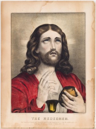 Christ at center looking upward with blue eyes