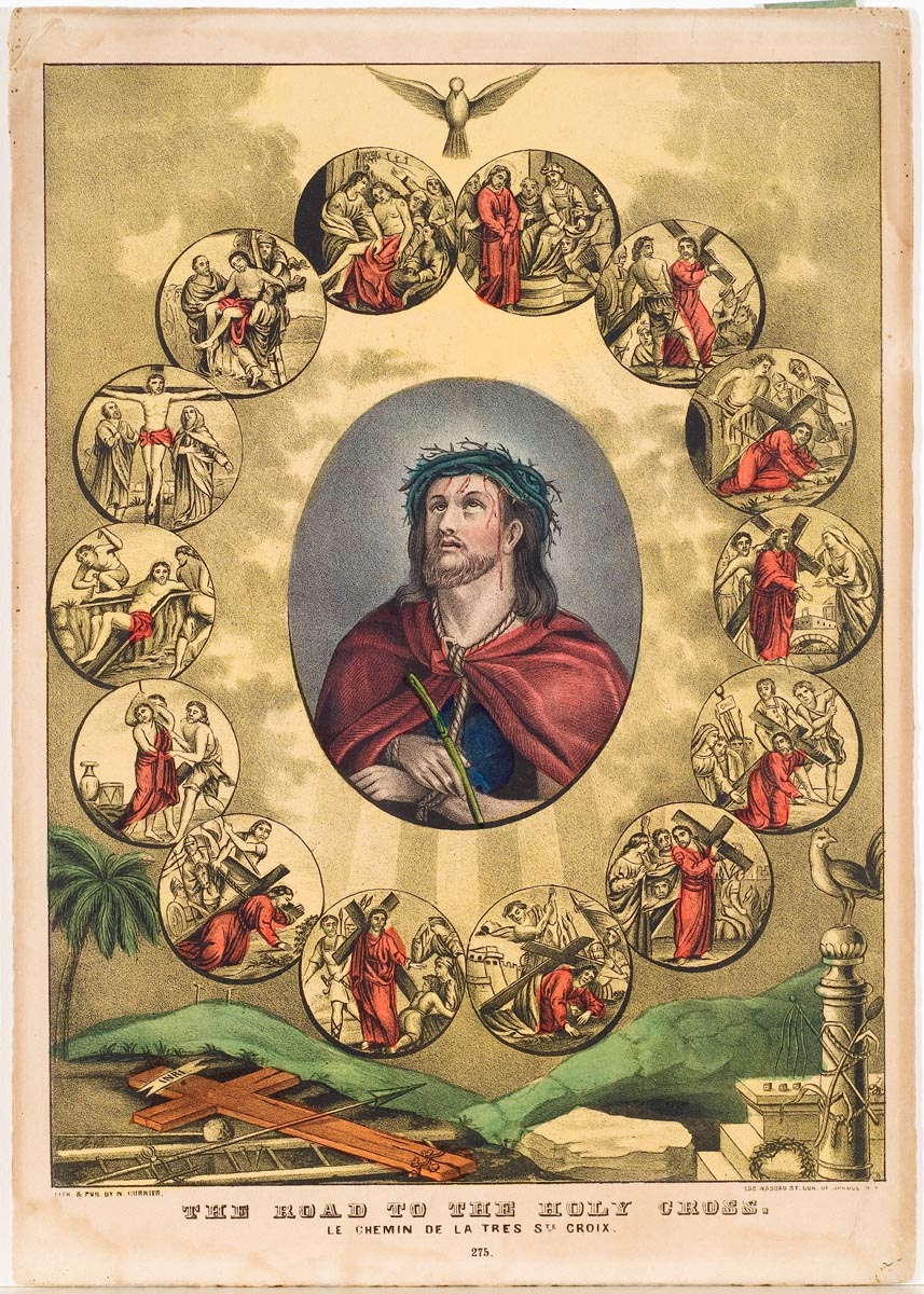 Oval portrait of Christ wearing crown of thorns surrounded by 14 circular images of his journey carrying the cross through being removed after crucifixion on the cross