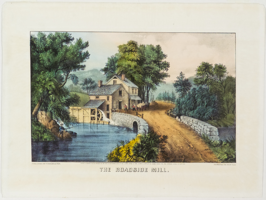Pastoral scene of dirt road over stone bridge to house and mill at center on left
