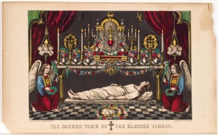 Body of Virgin Mary in white lying on stone slab beneath altar decorated with vessels of flowers