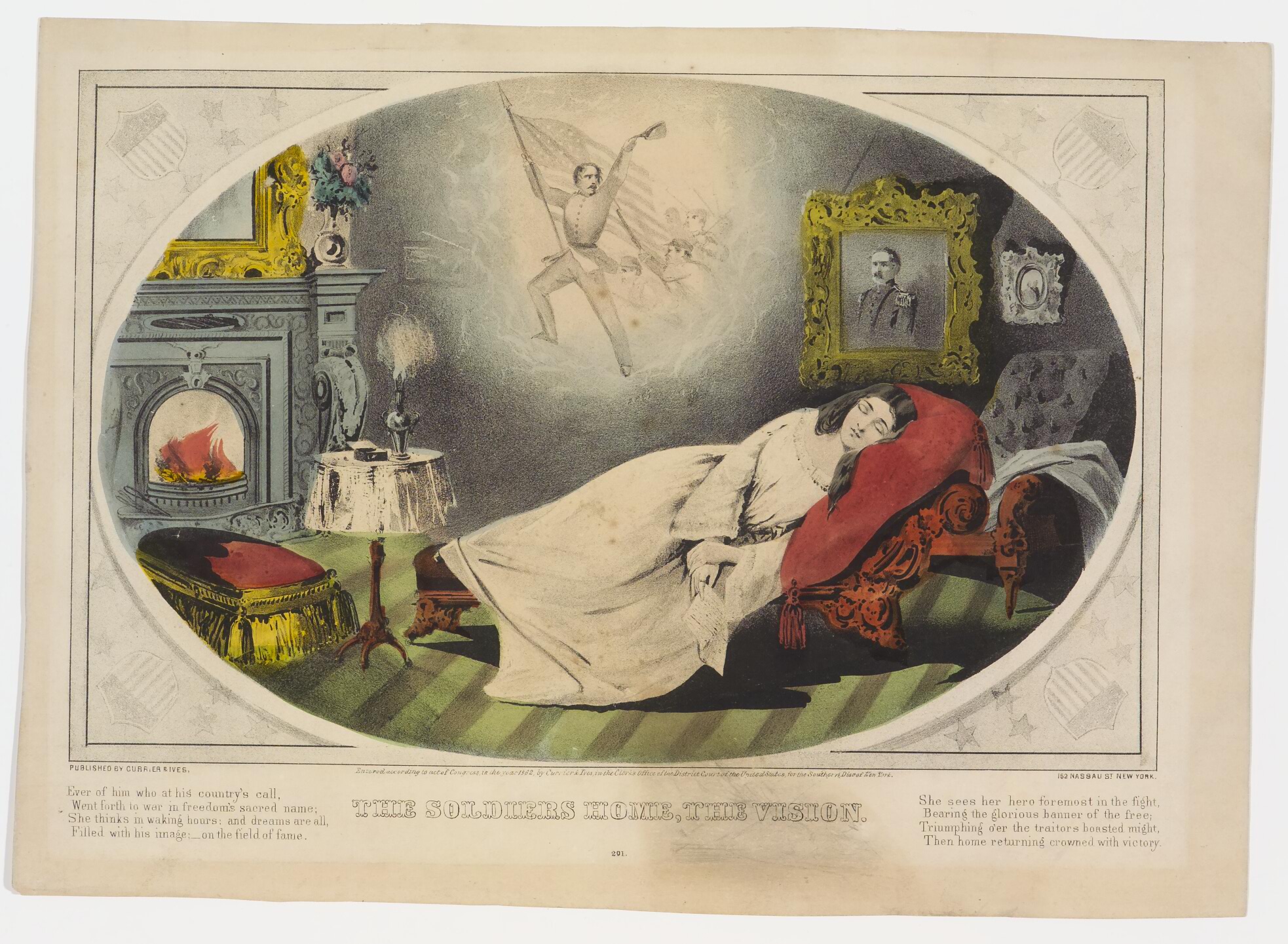 Woman sleeping reclined on day bed legs facing left; glowing fireplace left in image