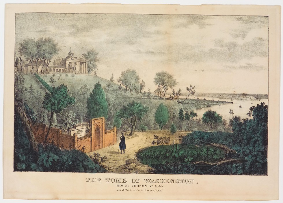 Red brick wall surrounding tomb in lower left of image