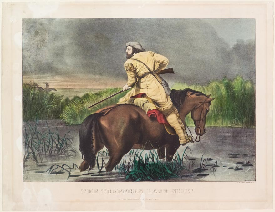 Trapper sitting astride his horse in middle of river