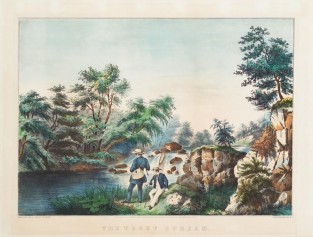 Two men prepare to fish in stream