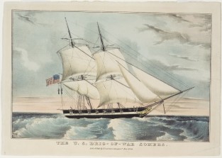 Ship sailing to right in image