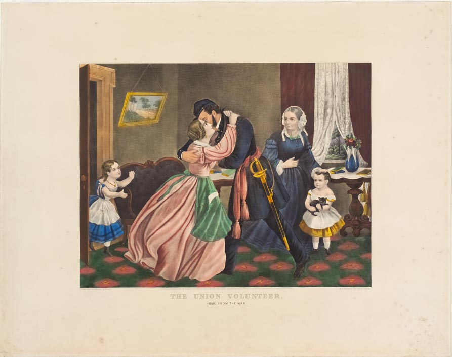 Soldier in parlor being greeted by wife and children
