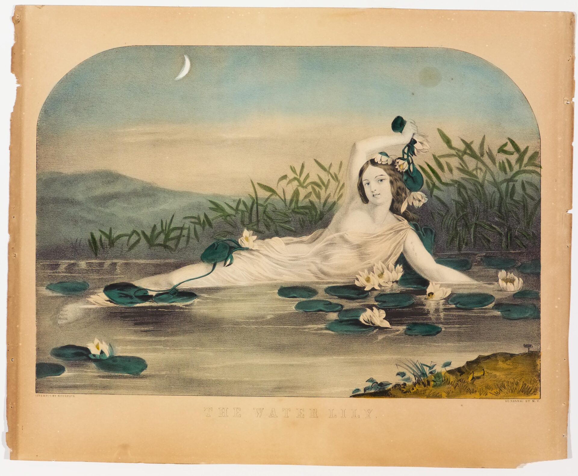 Woman reclining in water amidst lily pads