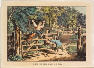 Pastoral Scene - Gate Across Lane Being Pushed Open By Young Boy While Three Friends Hang On