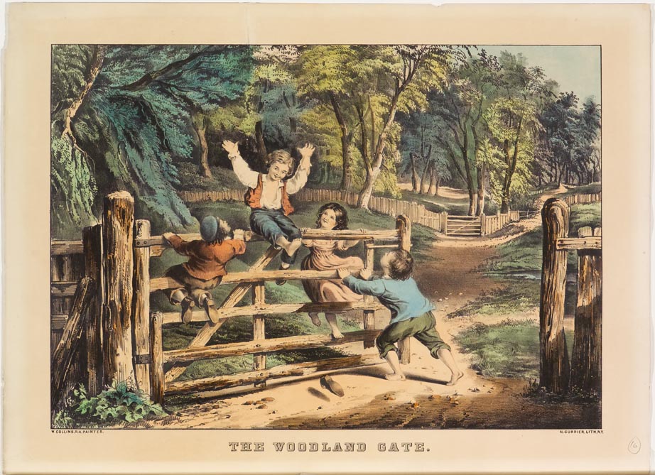 Pastoral scene - gate across lane being pushed open by young boy while three friends hang on