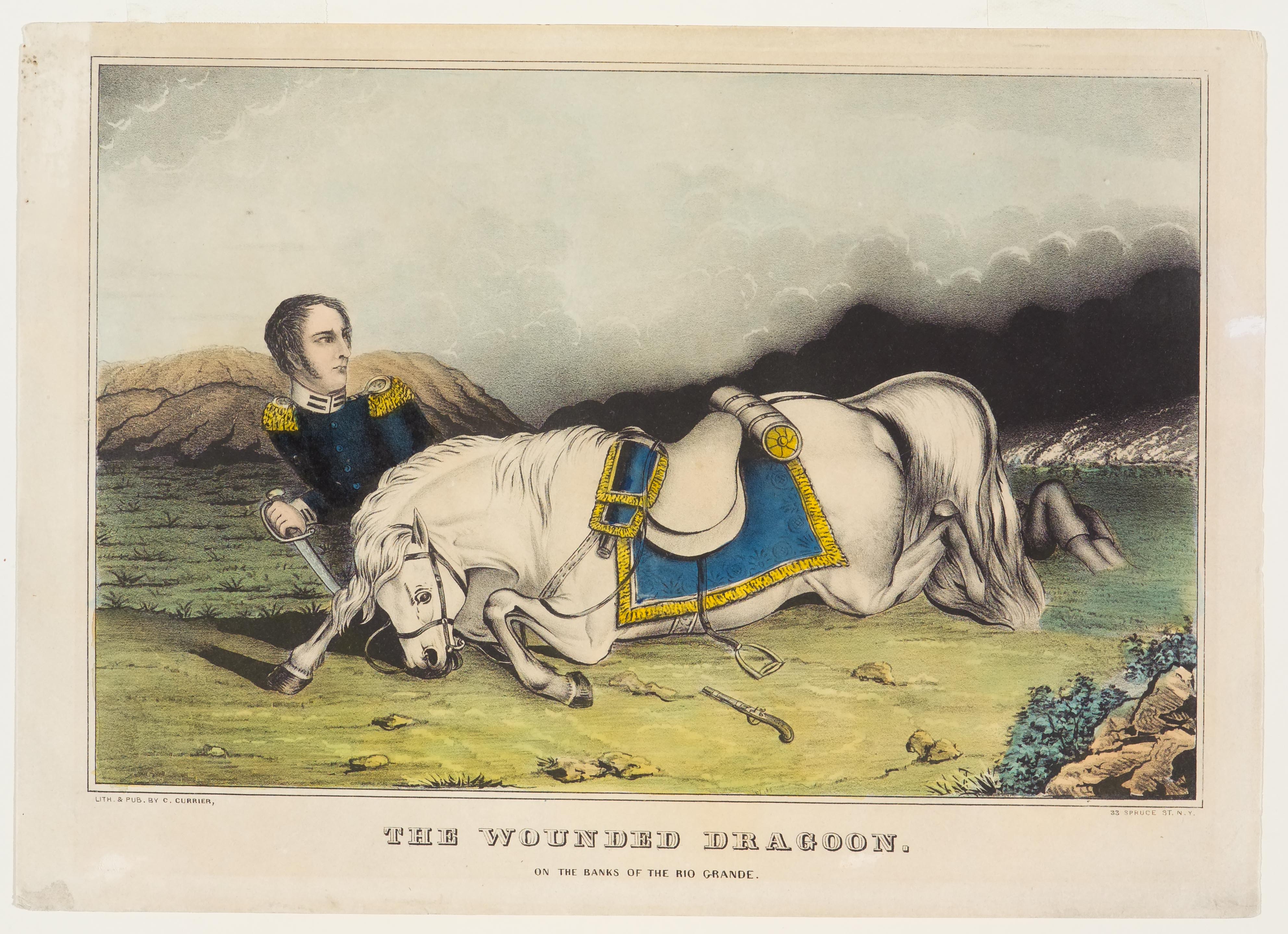 Dragoon lying under upper portion of his fallen white horse's head and neck