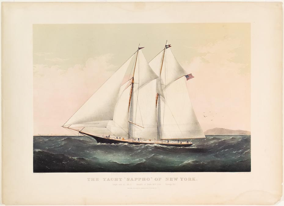 Ship flying American flag off right - sailing to left in image