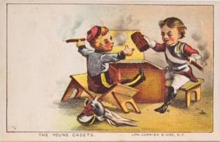 Two young boys dressed in uniforms smoking cigars and playing in box of cigars