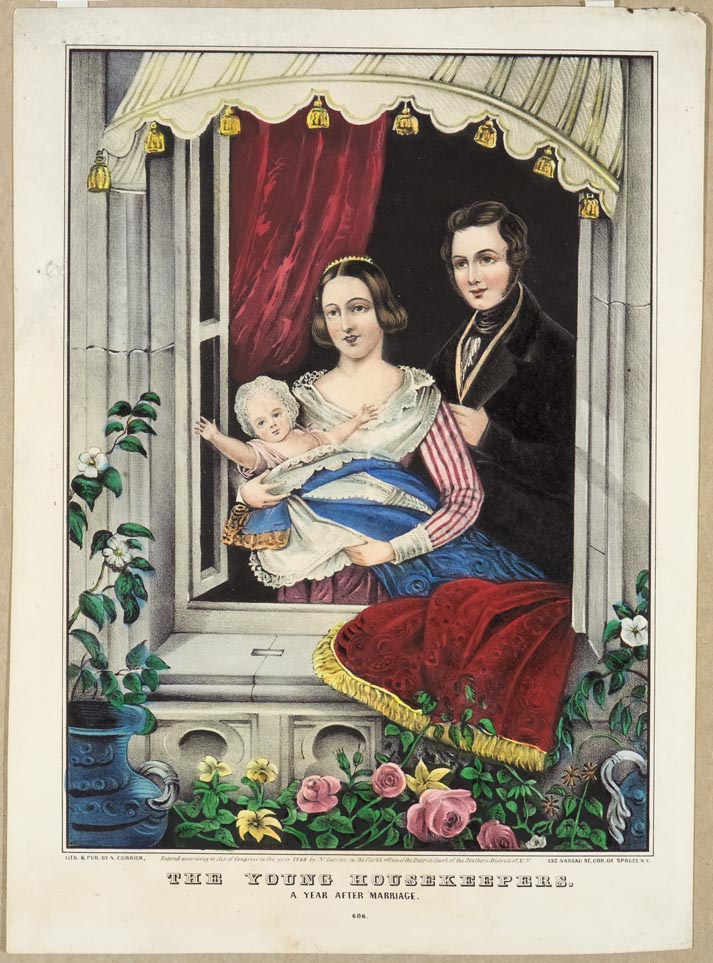 Man and woman holding infant wrapped in blue blanket standing at open window