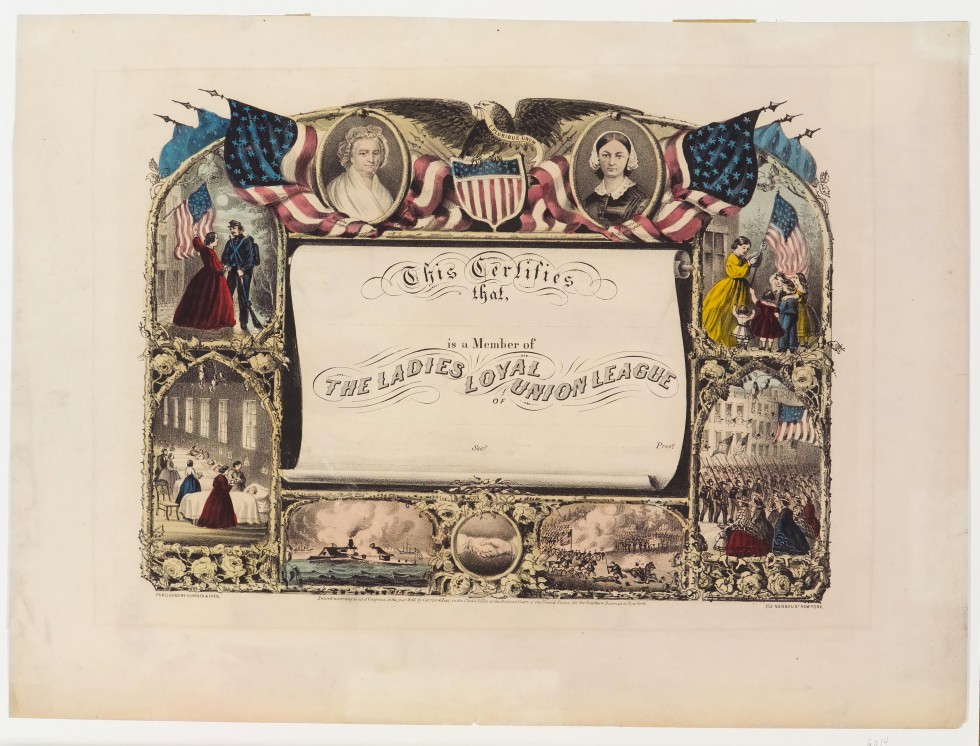 Scroll in center - oval in upper left corner of Martha Washington; oval upper right corner Florence Nightingale; six war scenes surround scroll and bottom center is circle of two hands joined in a handshake