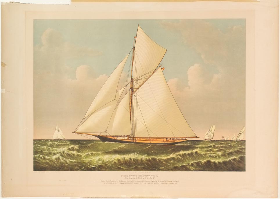 Ship sailing to left in image with one small ship in left background; six small ships sailing in right in background