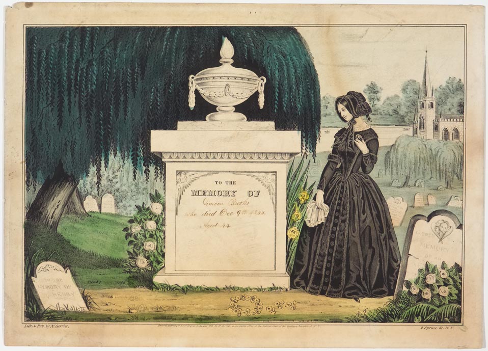 Woman looking at tomb to left of her in image