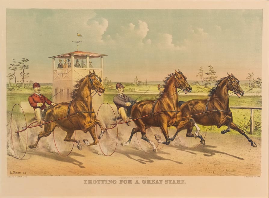 Single trotter and a double trotter on track with spectator stand behind and to left
