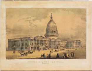 United States Capitol building at center with people walking and horse and carriages moving on ground in front