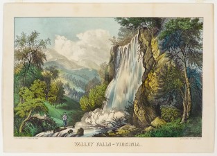 Waterfalls in center with cliff and trees to right