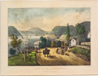 Village scene along river - sailboats on water