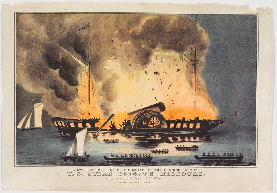 Ship in flames at center