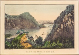 View up above Hudson River -sailboats in water - ledge across from view