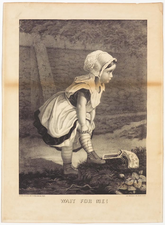 Young girl facing right in image stooping to fix a stocking along a path