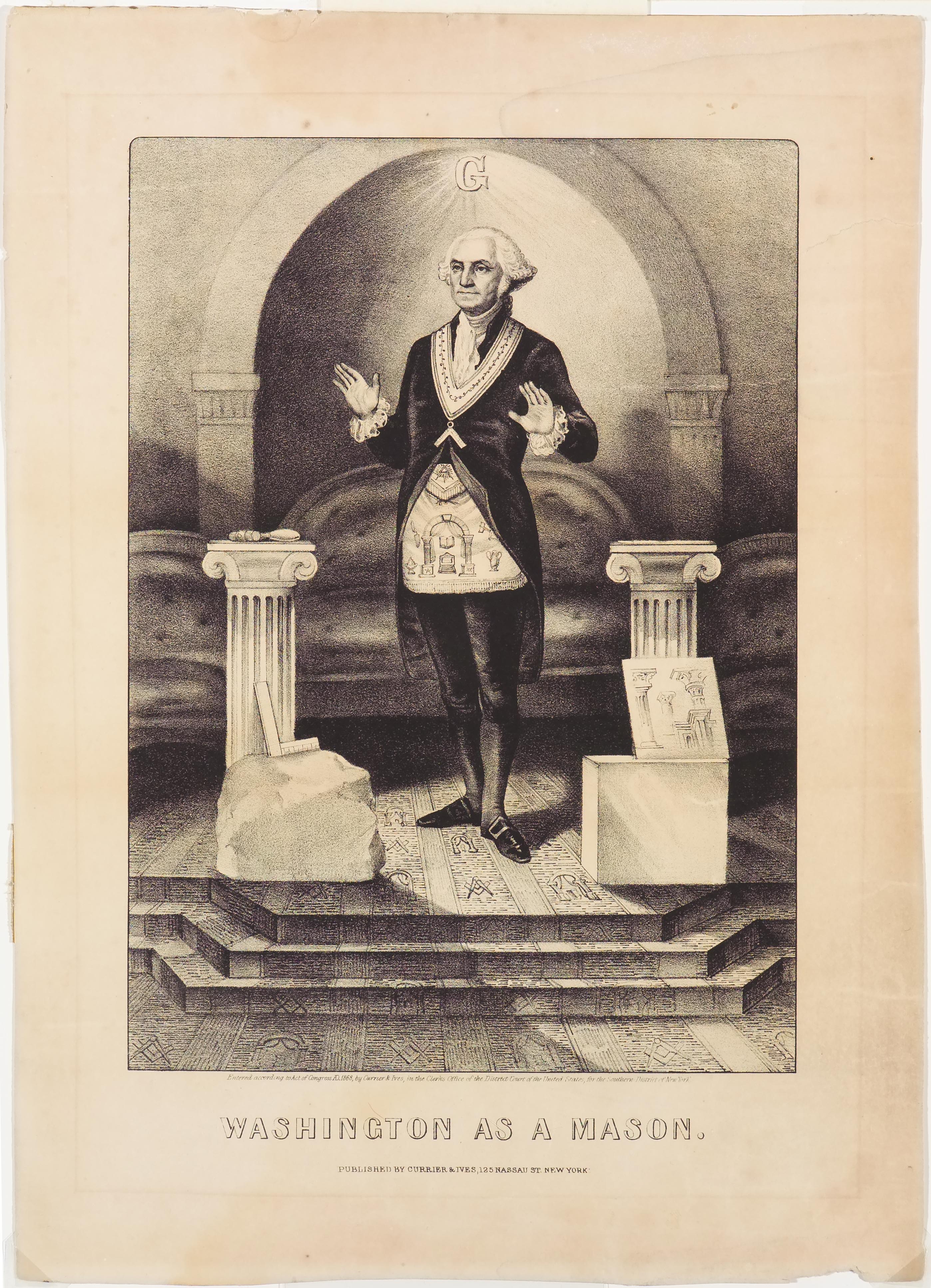 George Washington standing between to hip-high columns with palms raised out