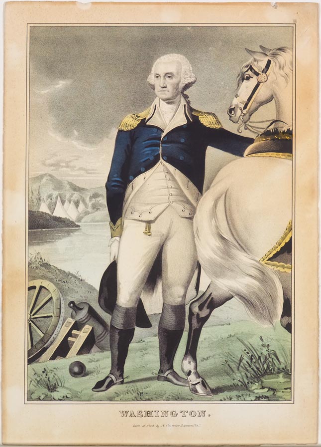 George Washington standing at center facing left in image next to his horse who looks back at him