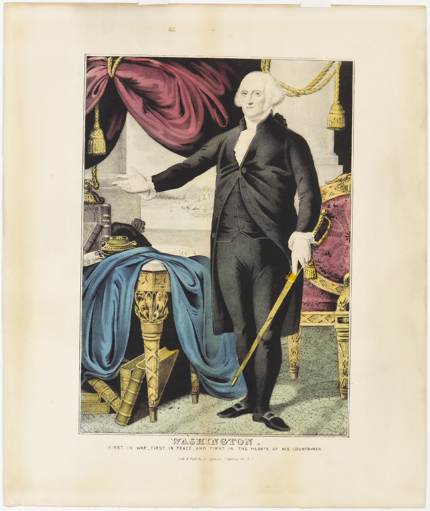 Washington standing in front of a window to right of a table draped in blue fabric over corner